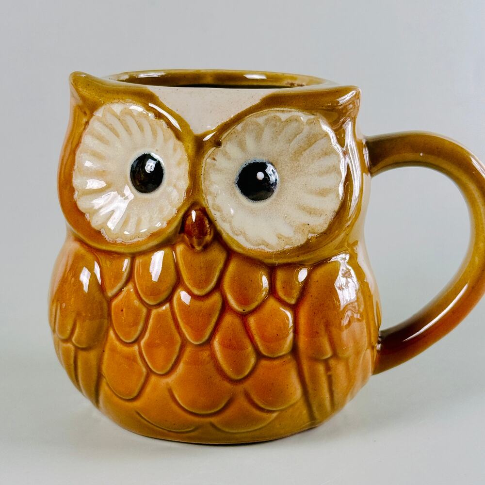 RARE Cracker Barrel Owl Mug Brown Stoneware 3D Wide Eyes Coffee Cup Fall Decor